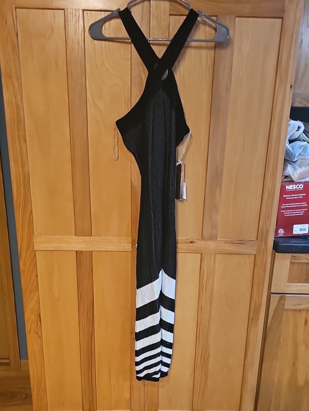 Almost Famous Black and White Maxi Dress with Striped Hem